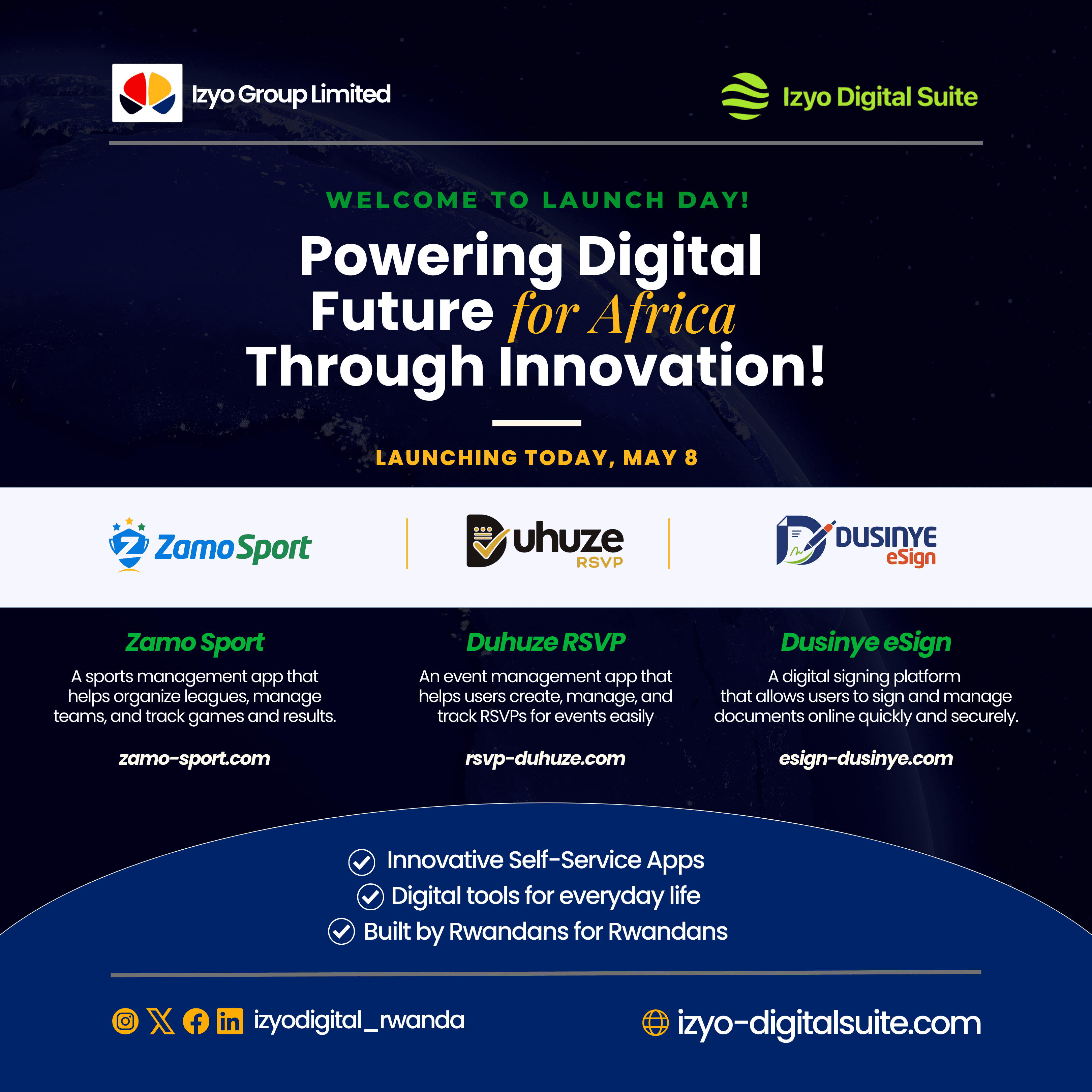 Izyo Digital Apps Launch (Zamo Sport, Duhuze RSVP, Dusinye eSign)